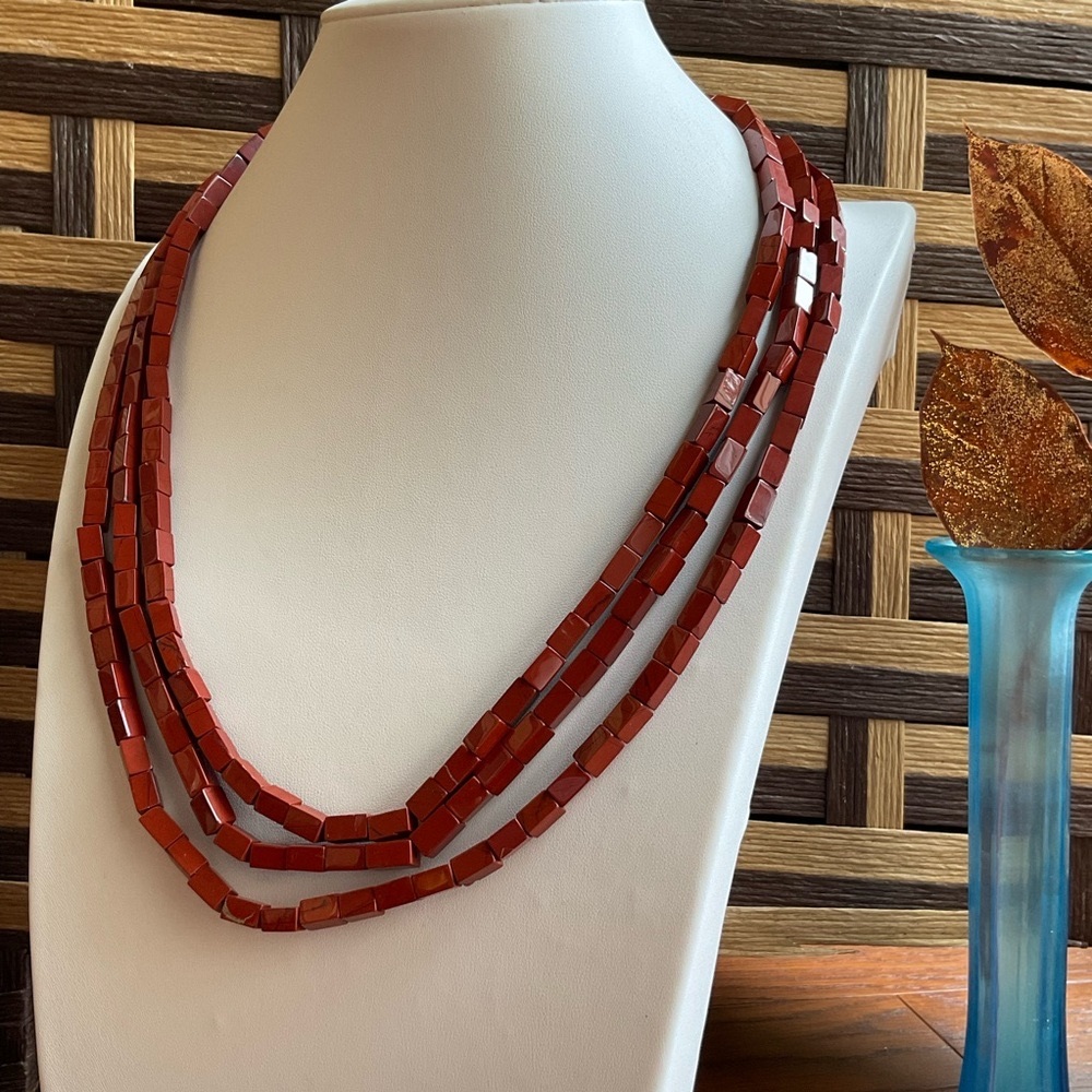 Beautiful Signed “SS” Gold-Plate and Red Jasper 3-strand Beaded Necklace, 22"